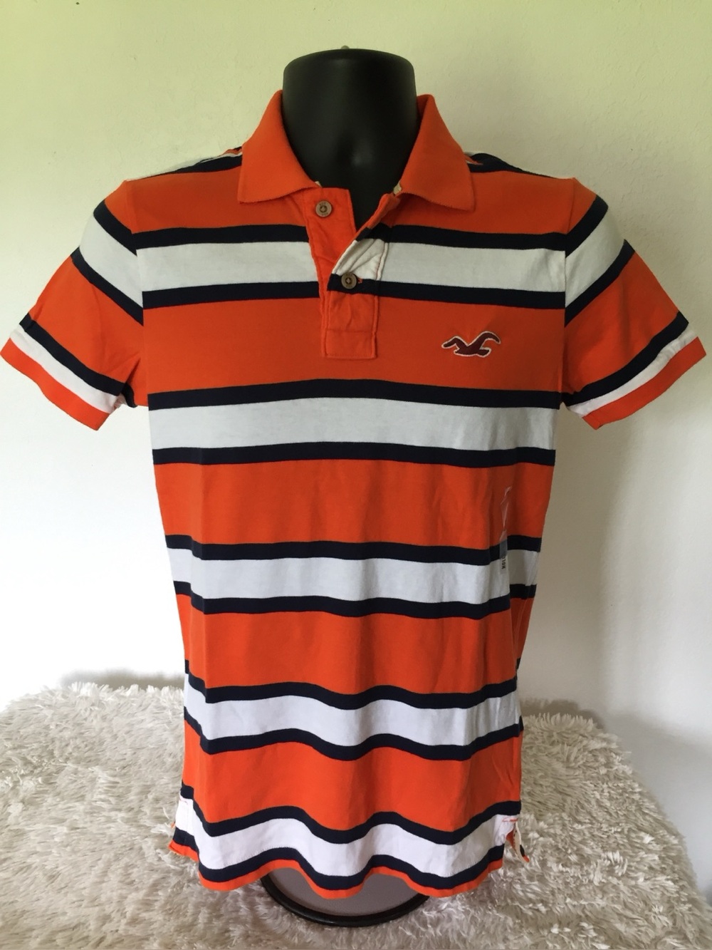 NWT Y2K HOLLISTER Mens/Dudes SS Striped Polo Shirt w/ Logo (Orange, White, Blue)